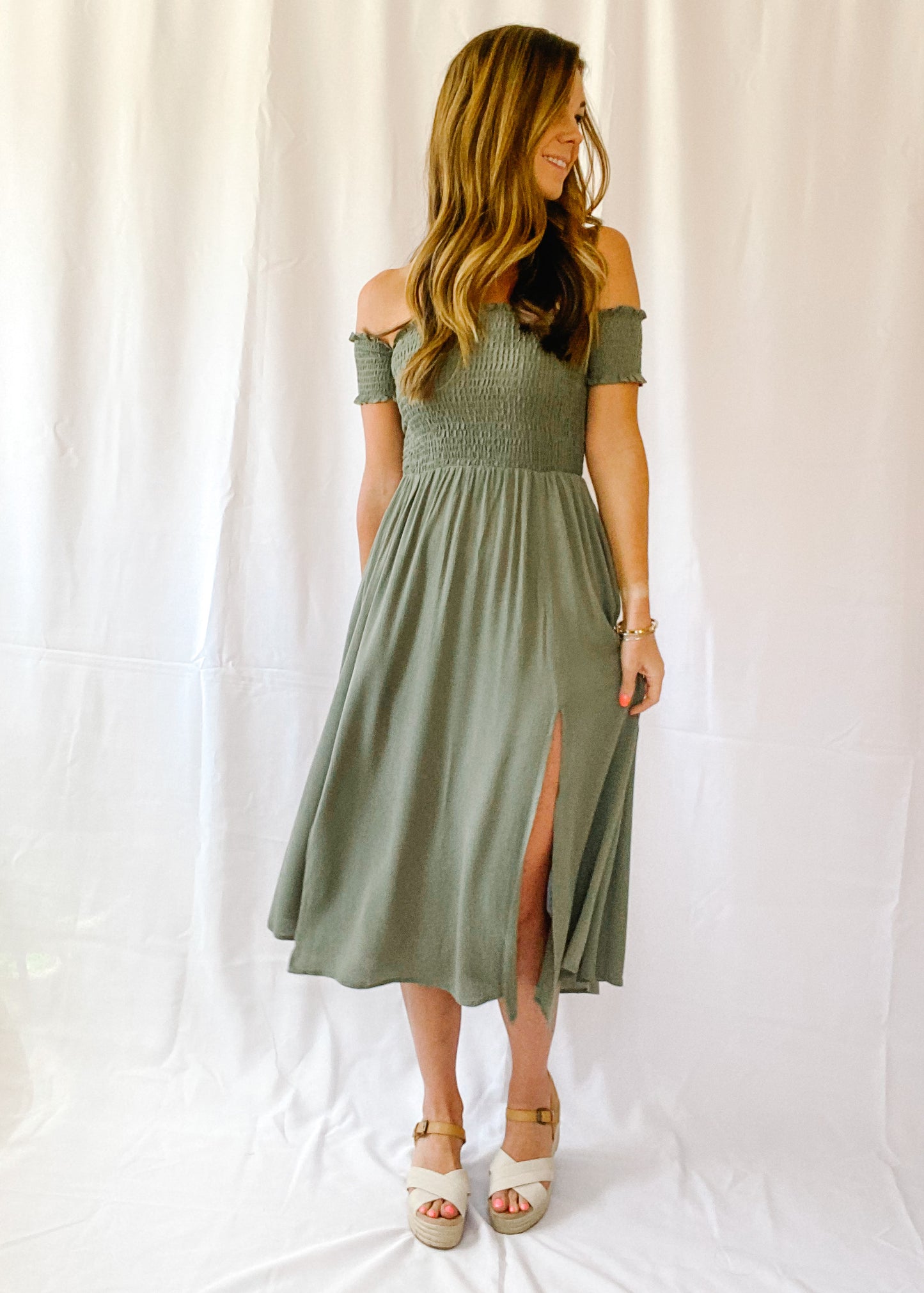 Green With Envy Smocked Midi Dress