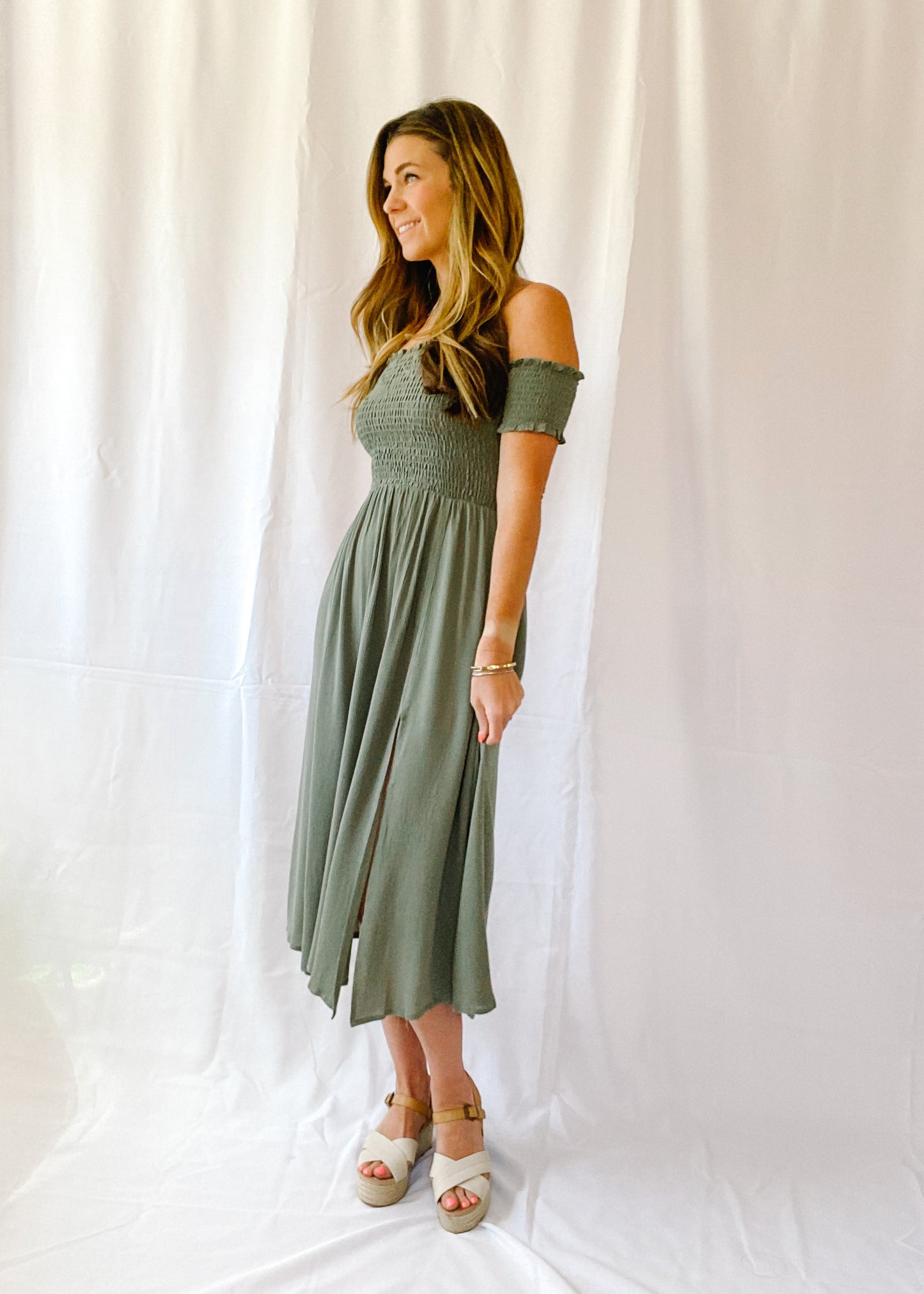 Green With Envy Smocked Midi Dress