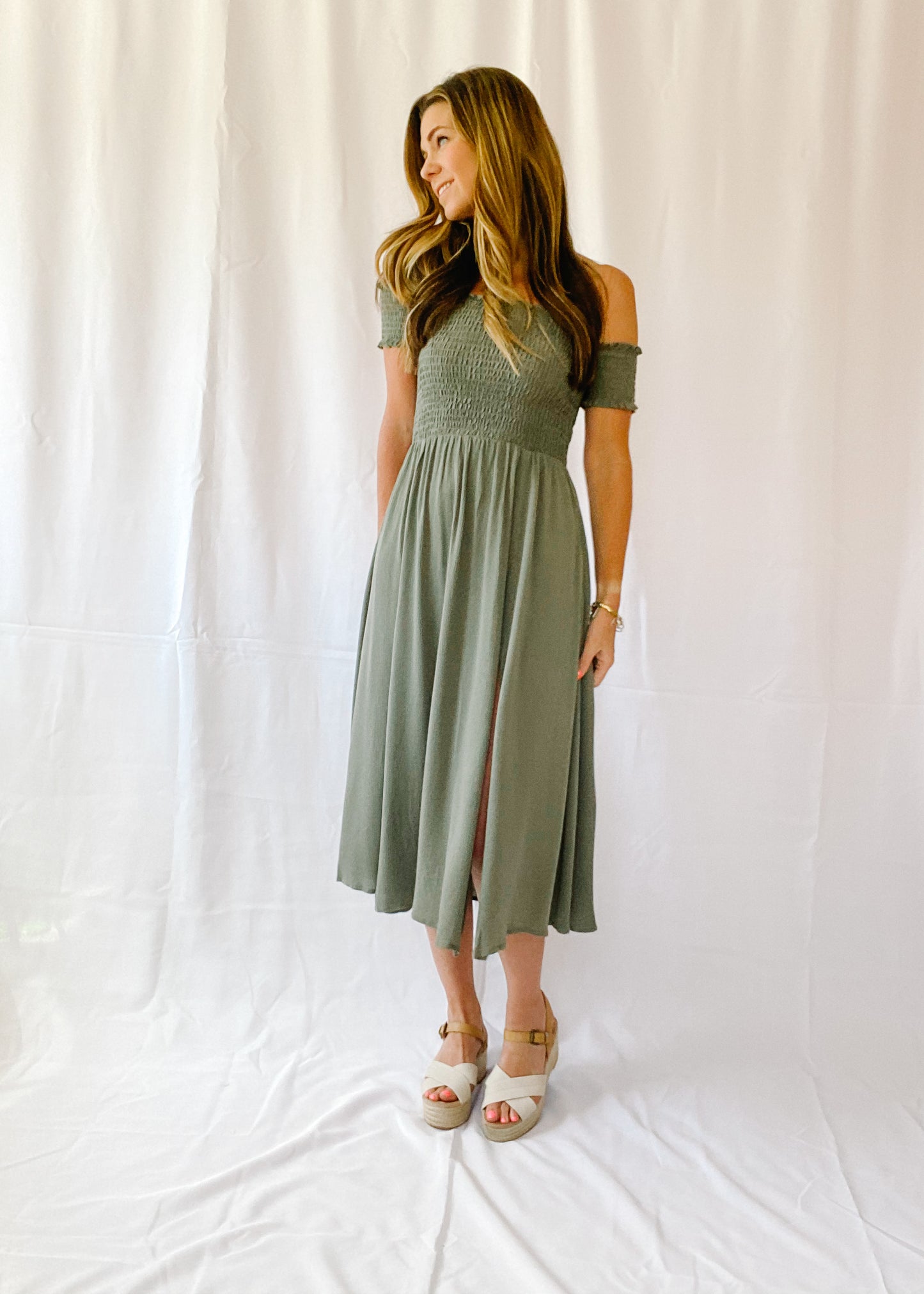 Green With Envy Smocked Midi Dress