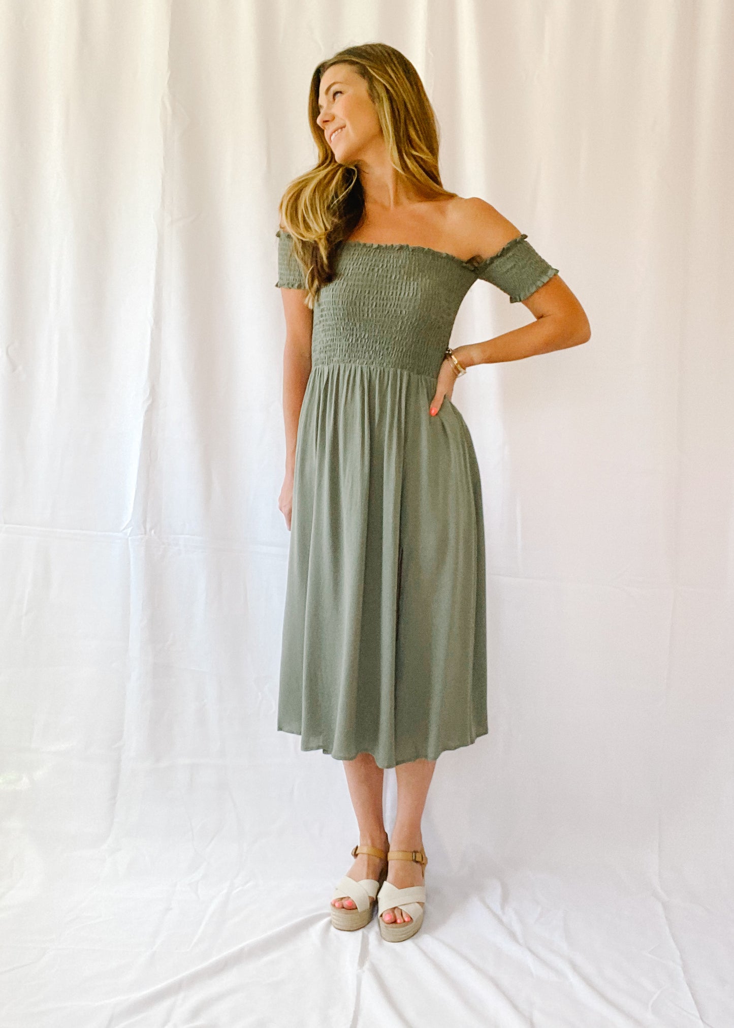 Green With Envy Smocked Midi Dress