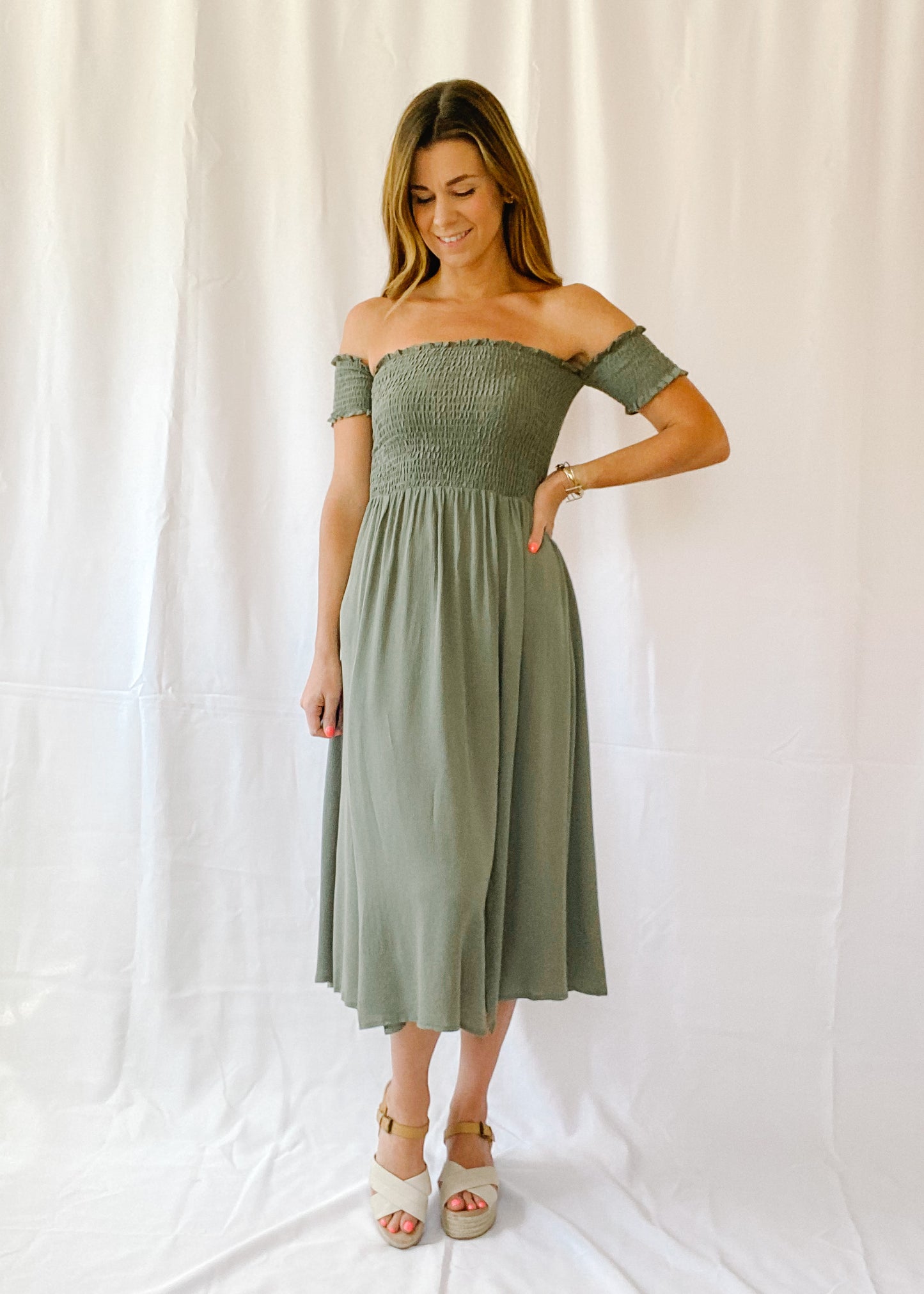 Green With Envy Smocked Midi Dress