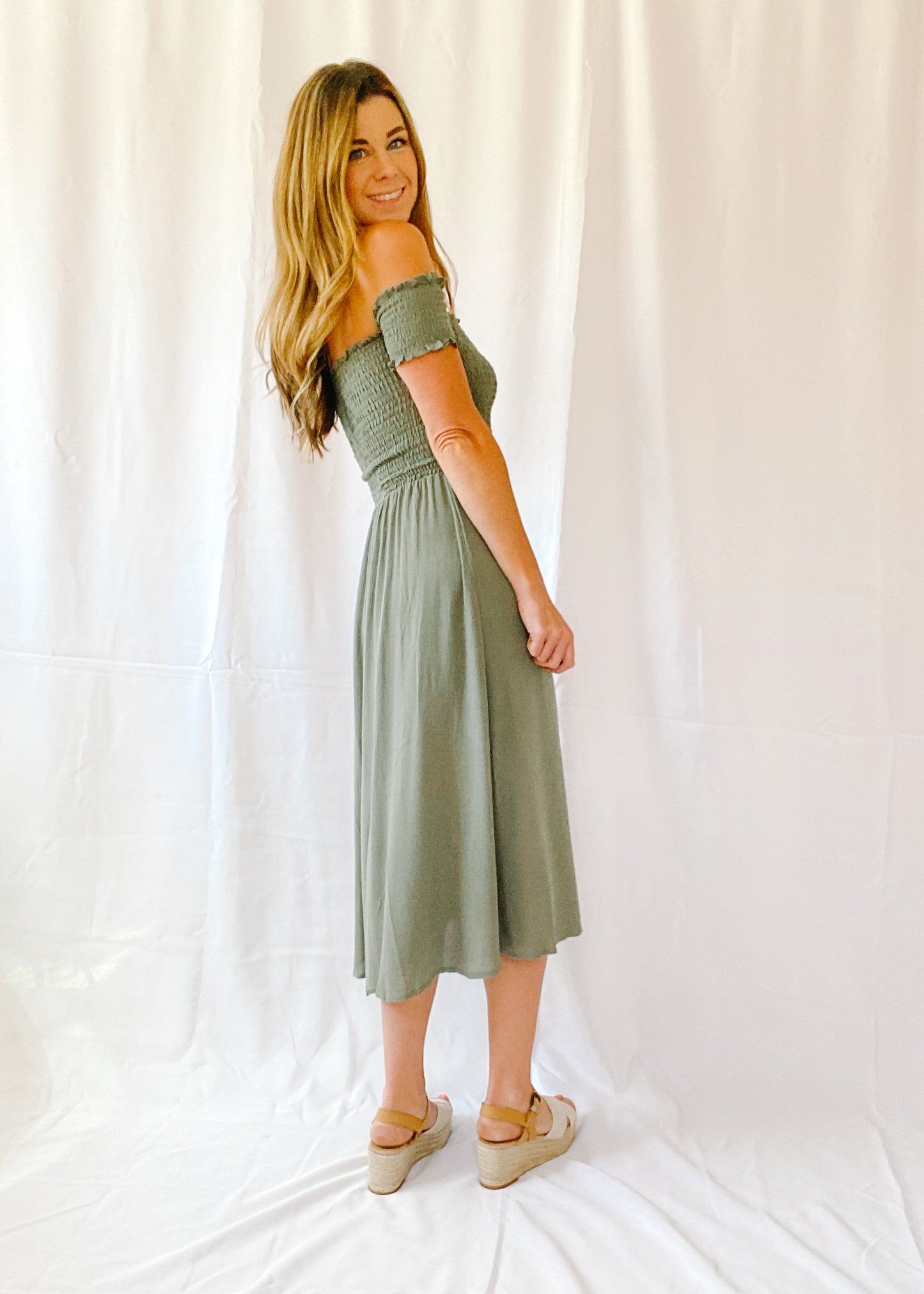 Green With Envy Smocked Midi Dress