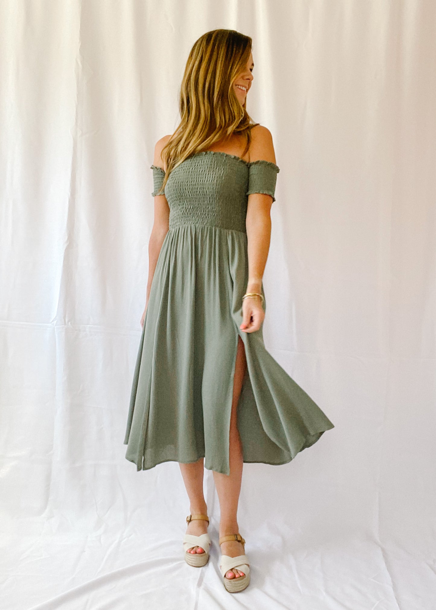 Green With Envy Smocked Midi Dress