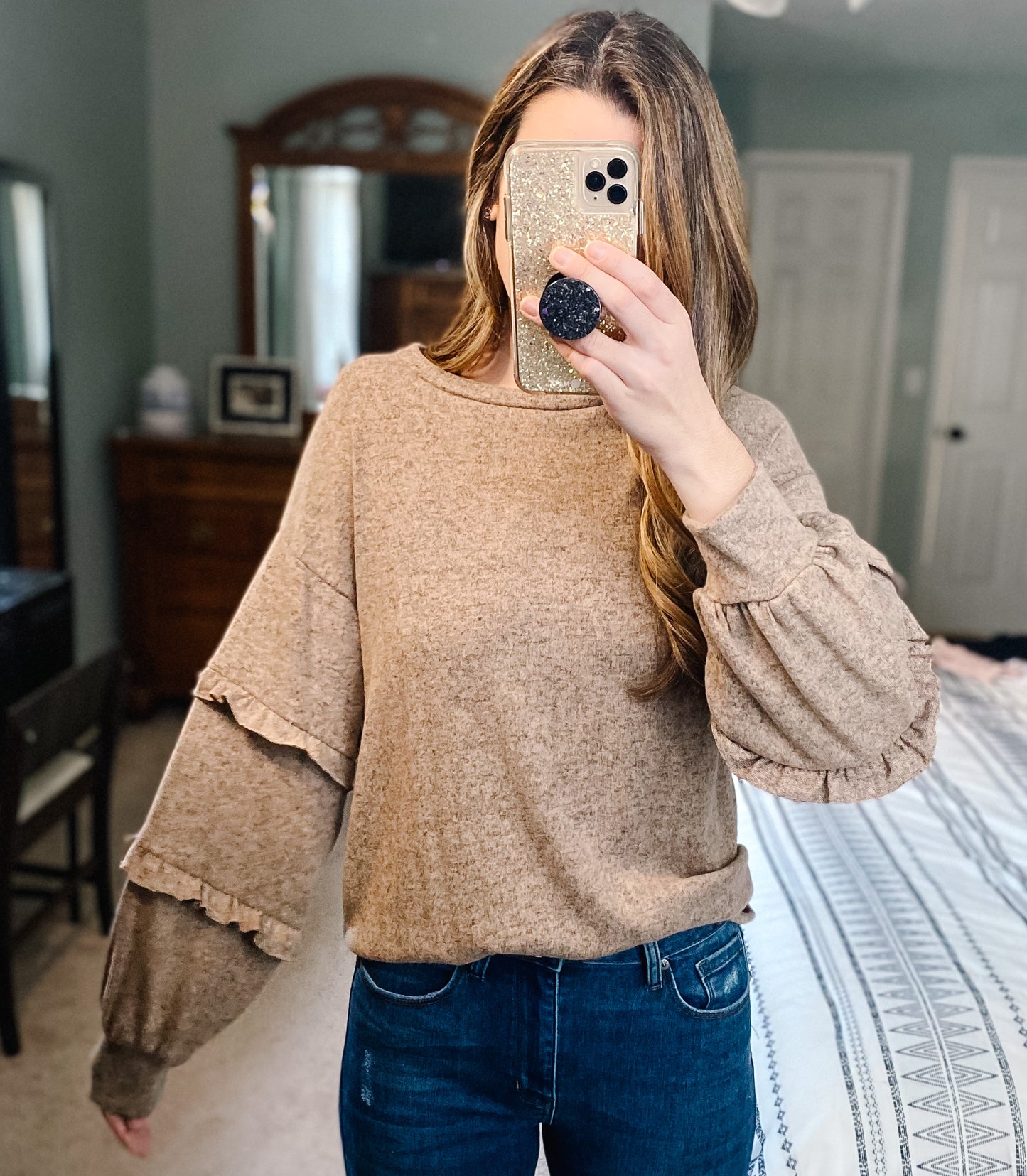 All in the Details Ruffle Sleeve Mocha Top